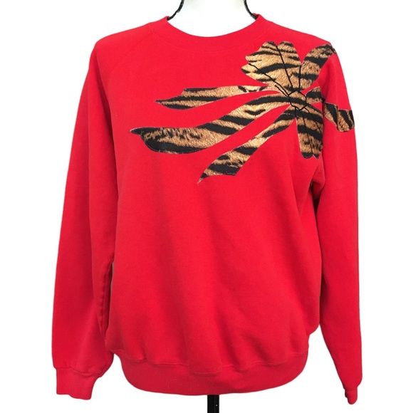 Vintage 90s Handmade Appliqué Sweatshirt Raglan Tiger Fleece Christmas Bow L - Picture 6 of 7